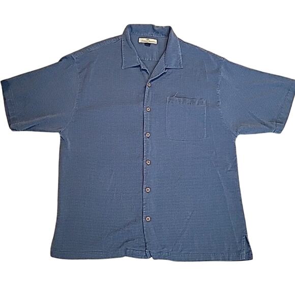 Tommy Bahama Hawaiian Camp Shirt Silk Mens XL Navy Blue Check - Picture 1 of 5